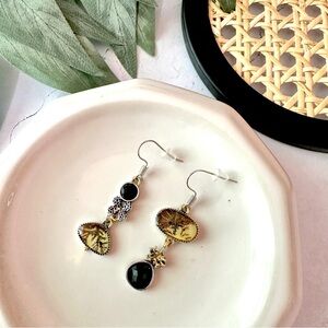 Floral Botanical Faux Black Onyx Geo Earrings Dangle Bohemian Gold Silver NEW